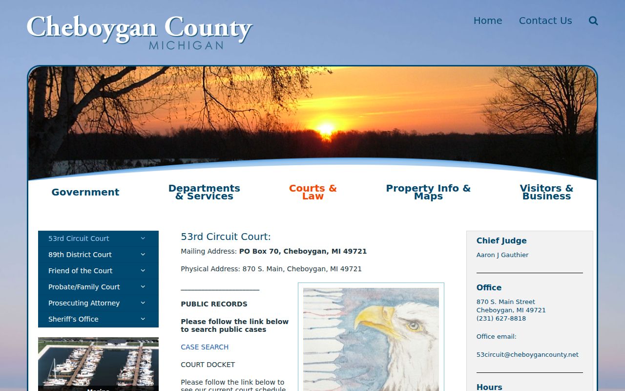 Cheboygan County Circuit Court page showing where warrant records are held