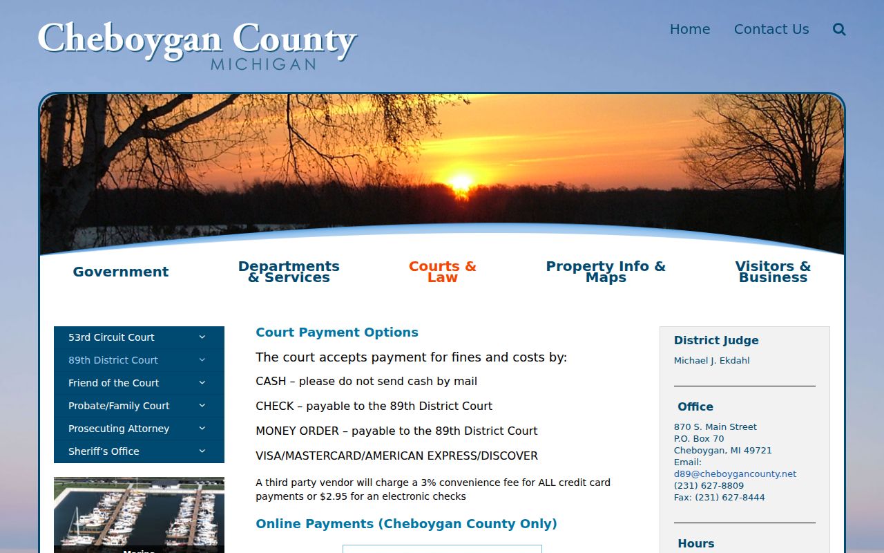 Cheboygan County court payment methods for fines on a municipal warrant case