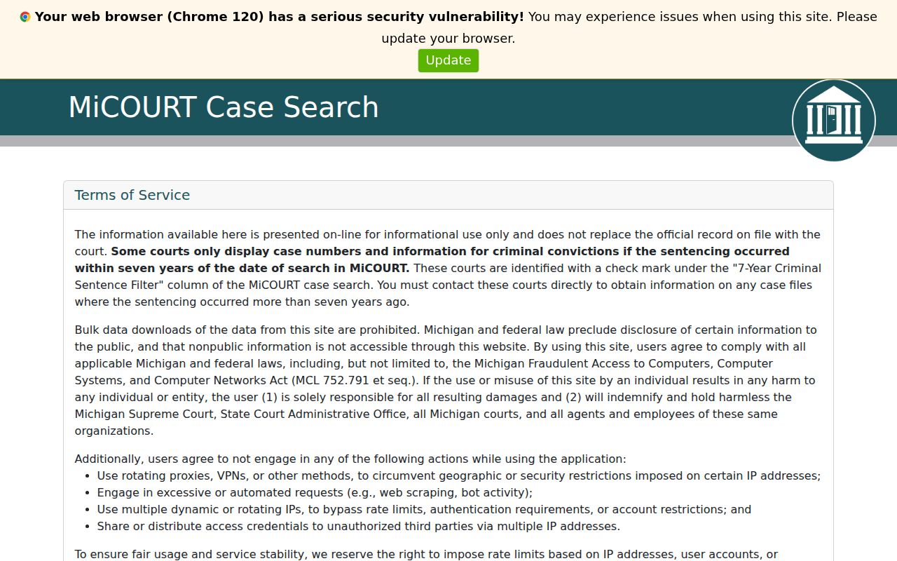 MiCOURT public case search terms for Cheboygan County active warrant checks
