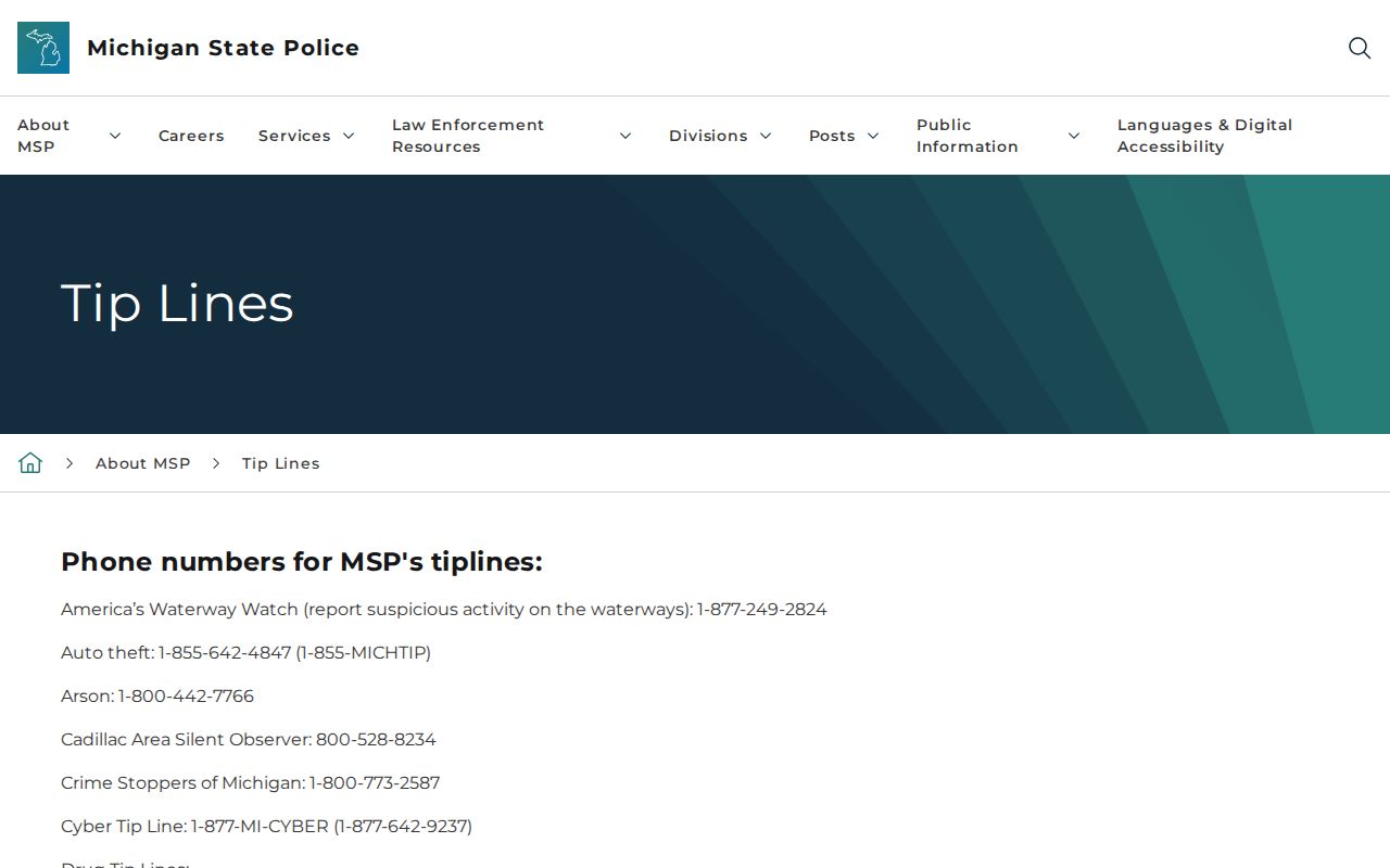 Michigan State Police tip line page used for Cheboygan County most wanted reports