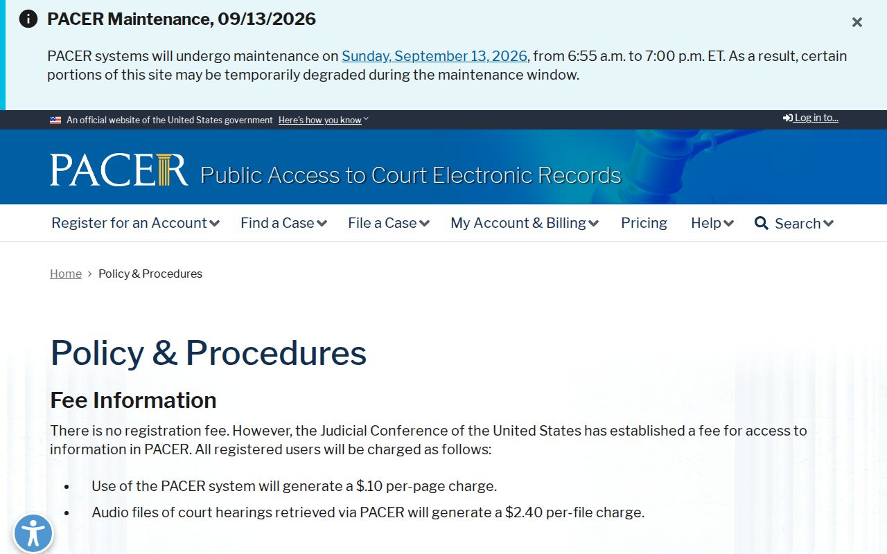 PACER federal docket access rules for arrest warrant records