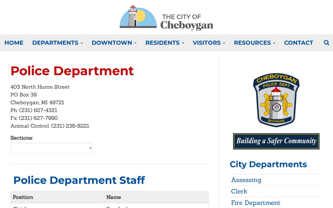 Cheboygan city police department contact page for warrant record questions