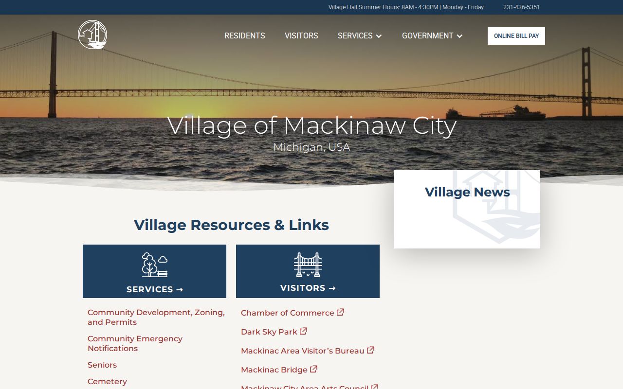 Mackinaw City village hall page used for warrant record routing in Cheboygan County