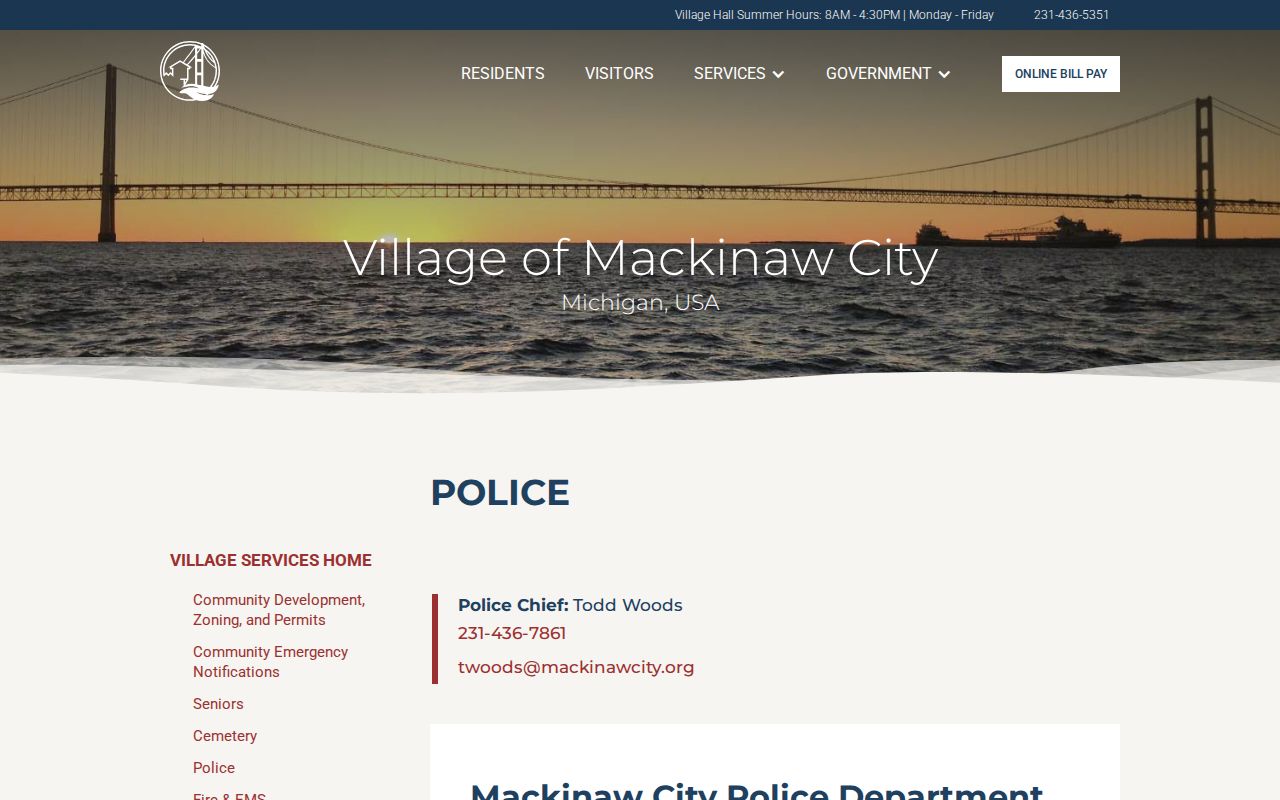 Mackinaw City village police department page for warrant record questions in Cheboygan County